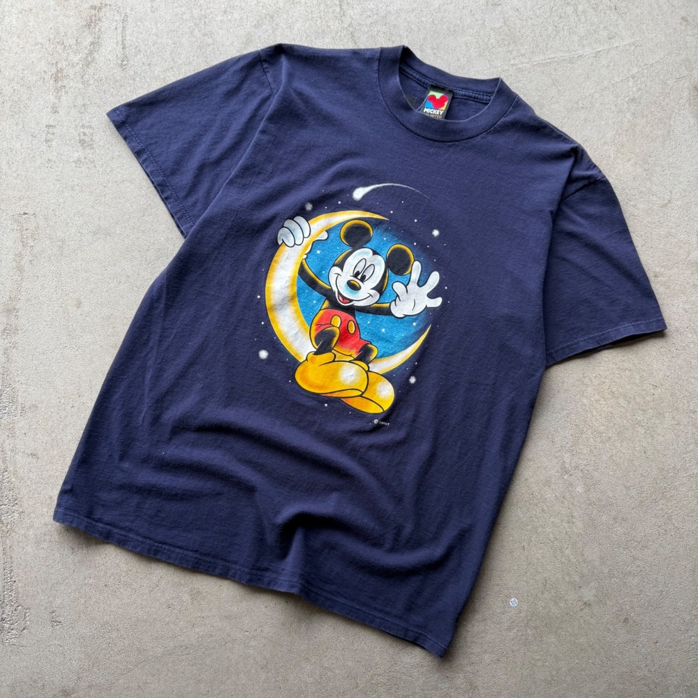 90s Mens Mickey Unlimited Mickey Mouse Moon Graphic T-Shirt Navy Large